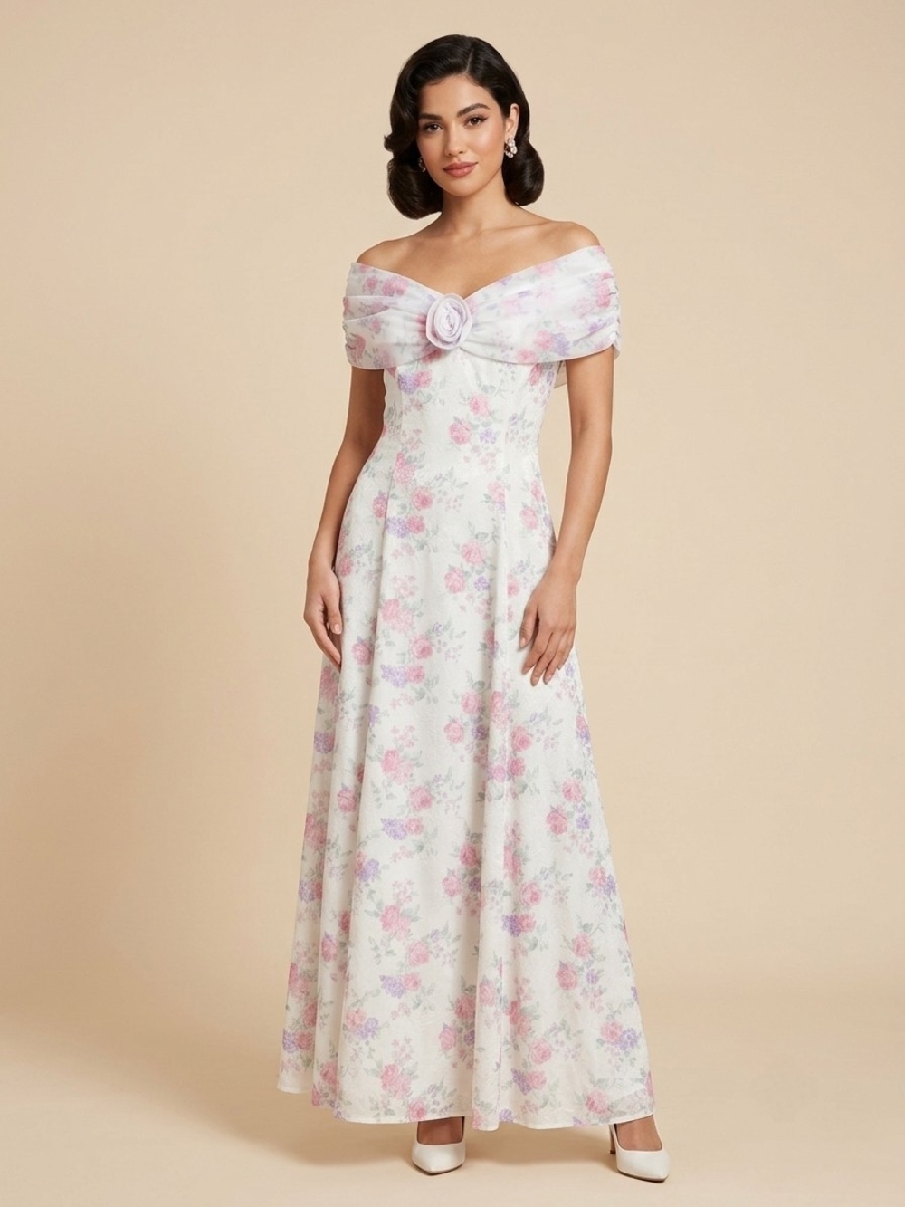 Vintage Nu Mode Canada Floral Jacquard Maxi Dress Off Shoulder Rosette Size 7/8